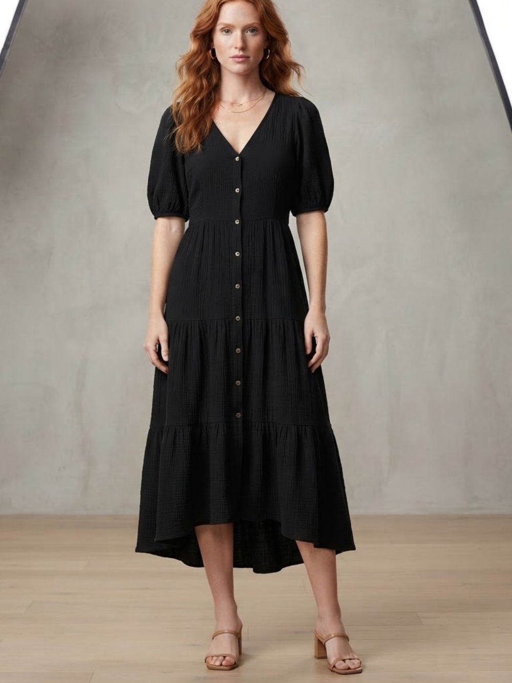 Anthropologie Maeve Black Textured Puff-Sleeve Button-Front Midi Dress